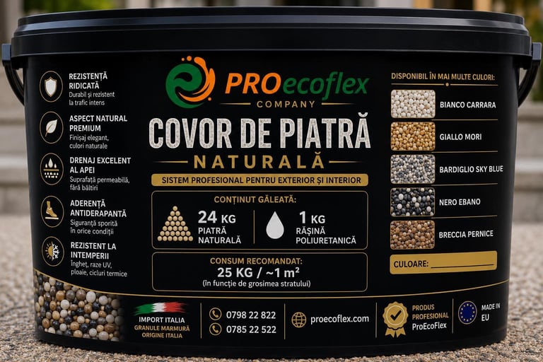 Proecofilex Covor de Piatra Naturala bucket with product details, color samples, and specifications displayed on black packaging